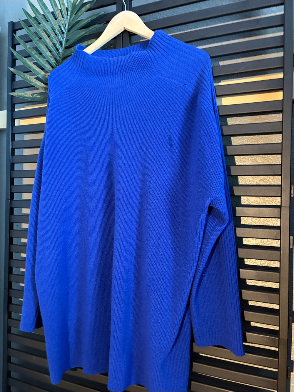 Eileen Fisher Electric Blue Ribbed Cowl-Neck Sweater